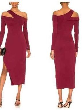 Revolve NBD One-Shoulder Burgundy Midi Dress with Side Slit
